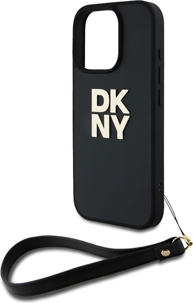Дизайнерски кожен кейс с връзка за носене за iPhone 16 Pro Max - DKNY Stack Logo Wrist Strap Leather Hard Case (черен)