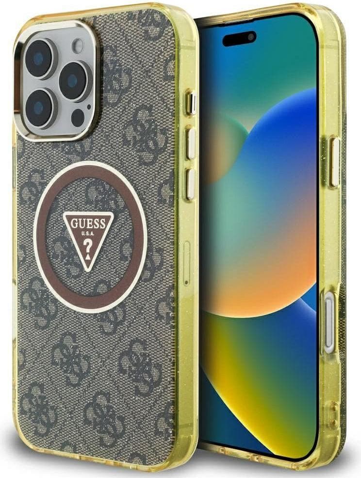 Хибриден удароустойчив кейс с MagSafe за iPhone 16 Pro - Guess IML 4G Glitter And Triangle Logo MagSafe Case (кафяв-жълт)
