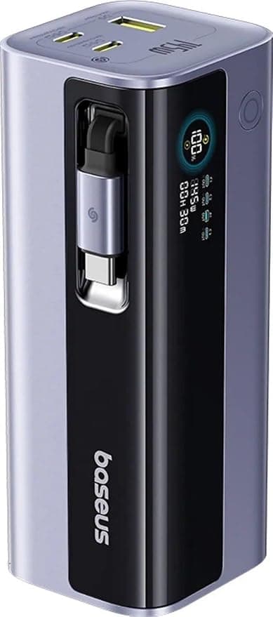 Външна батерия с вграден USB-C кабел, USB-C и USB-A портове и технология за бързо зареждане - Baseus EnerGeek GR11 Power Bank With Retractable USB-C Cable 20000mAh 145W (тъмносив)