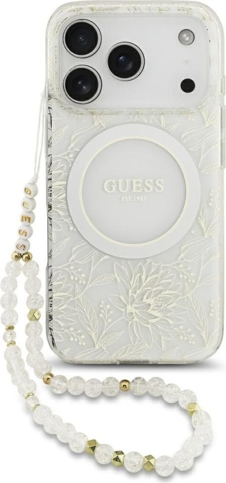 Хибриден удароустойчив кейс с MagSafe и връзка за ръка за iPhone 17 Pro - Guess IML Flowers Allover Strap MagSafe Case (бял)