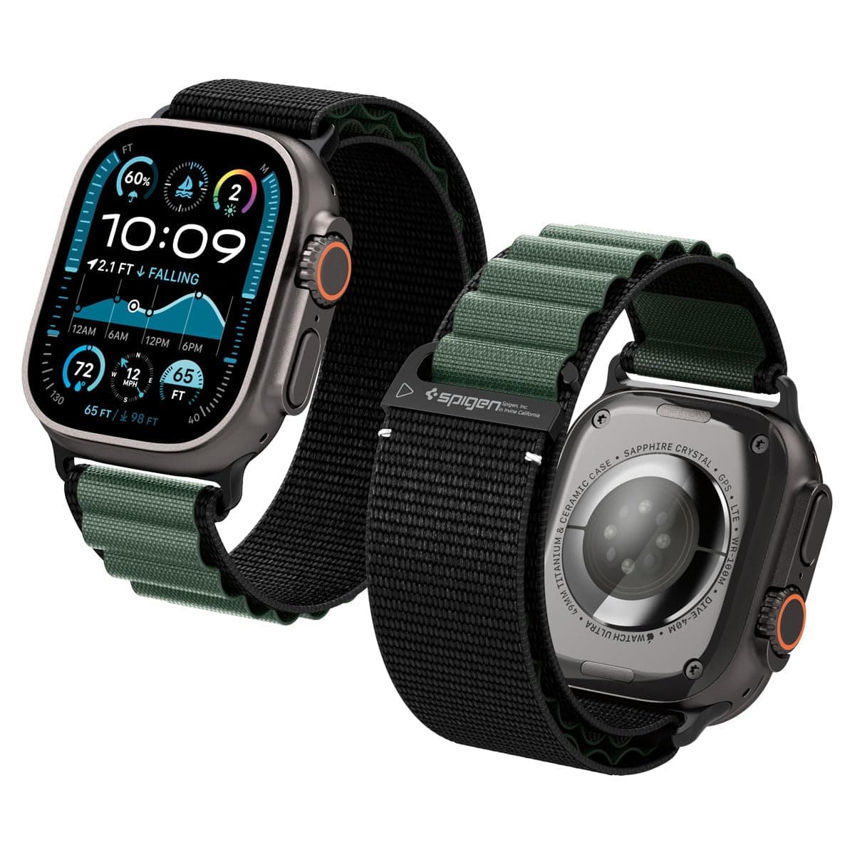 Текстилна каишка за Apple Watch 42мм, 44мм, 45мм, 46мм, Ultra, Ultra 2, Ultra 3 49мм - Spigen Fabric Band (hook) (черен-зелен)