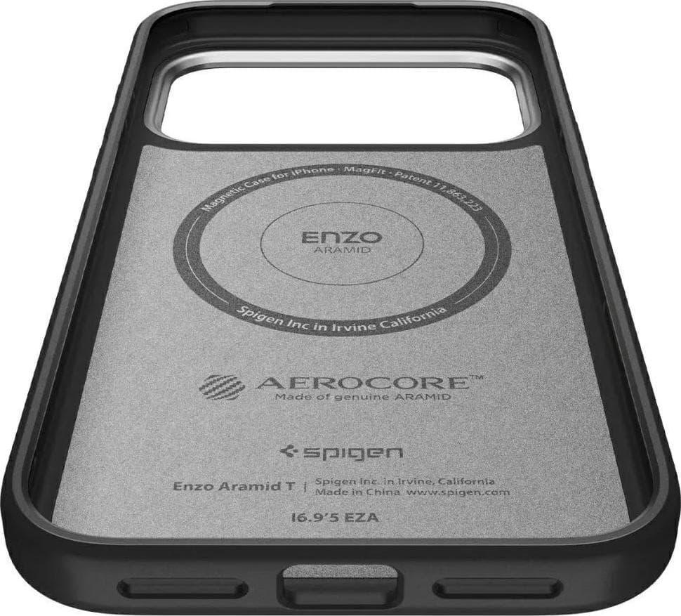 Кевларен кейс с MagSafe за iPhone 17 Pro - Spigen Enzo Aramid T MagSafe Case (черен-сребрист)