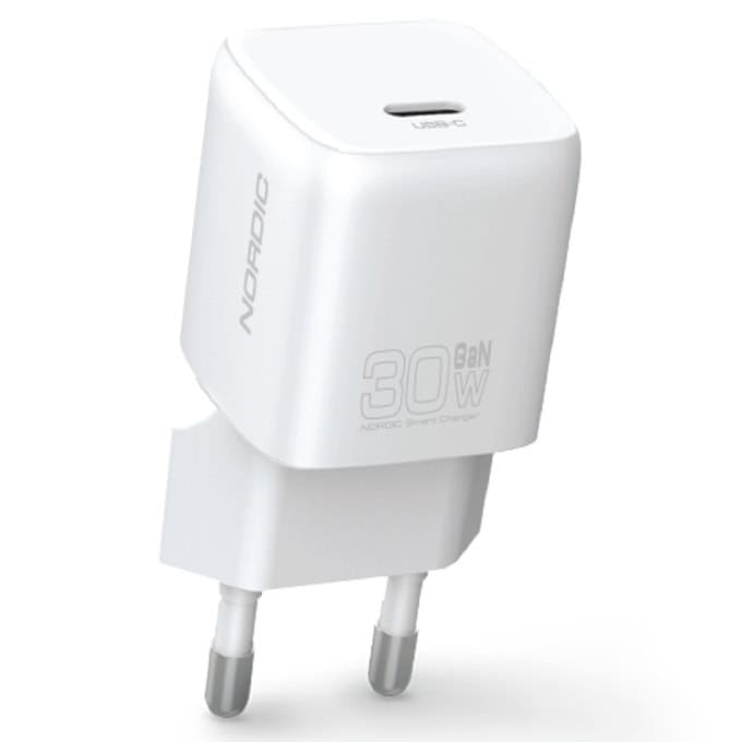 Захранване за ел. мрежа с USB-C изход с технология за бързо зареждане - Nordic PD GaN USB-C Wall Charger 30W (бял)