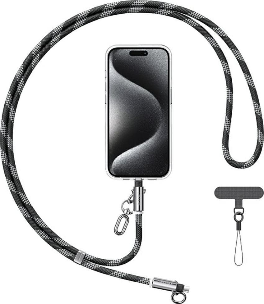 Универсална връзка за носене през врата за смартфони с вграден USB-C към Lightning кабел - USAMS SJ746 USB-C to Lightning Phone Lanyard Cable 30W (черен)