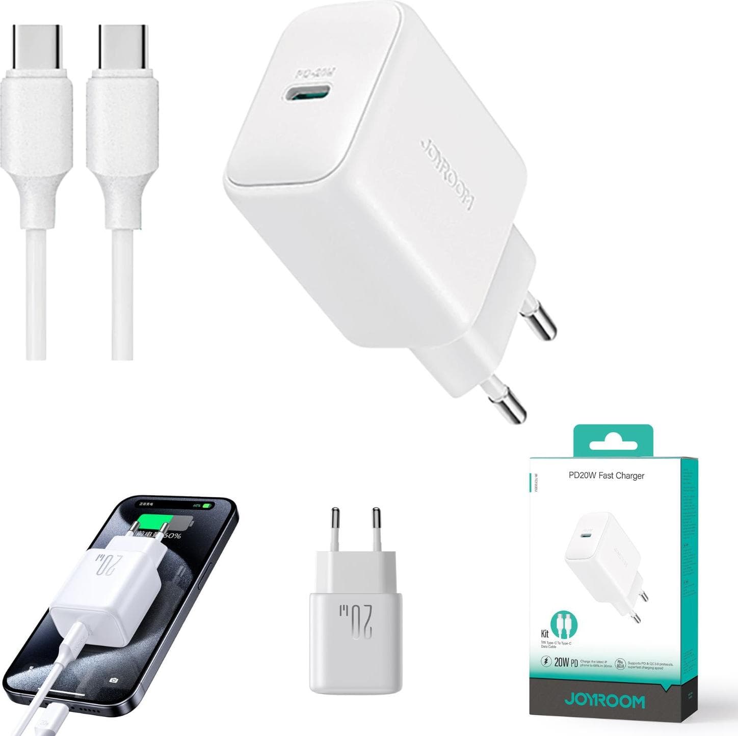Захранване за ел. мрежа с USB-C изход с технология за бързо зареждане и USB-C към USB-C кабел (бял) - Joyroom USB-C PD 20W Wall Charger and USB-C Cable