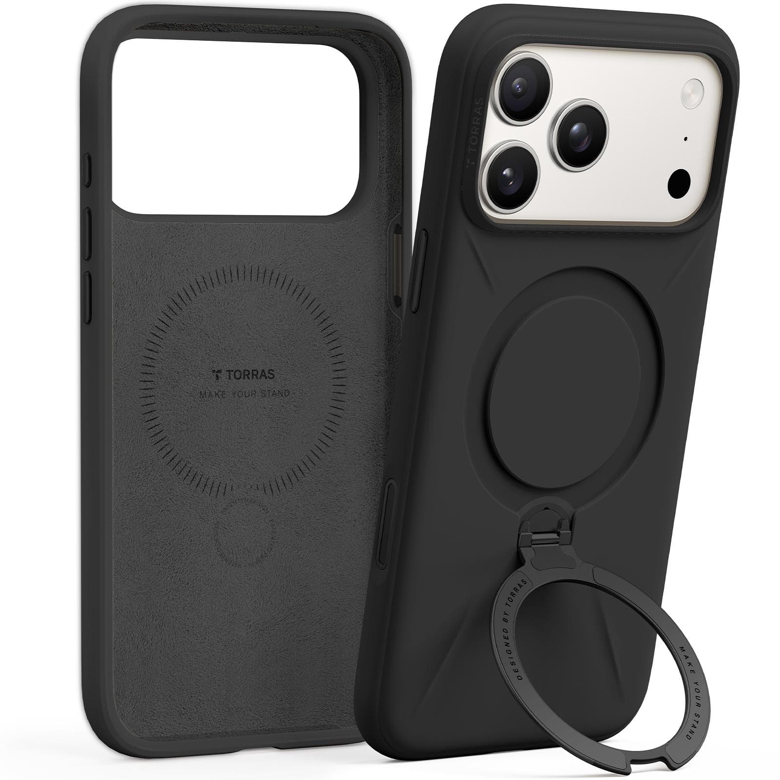 Силиконов (TPU) калъф с вградена поставка и MagSafe за iPhone 17 Pro - Torras QPRO Silicone Series (черен)