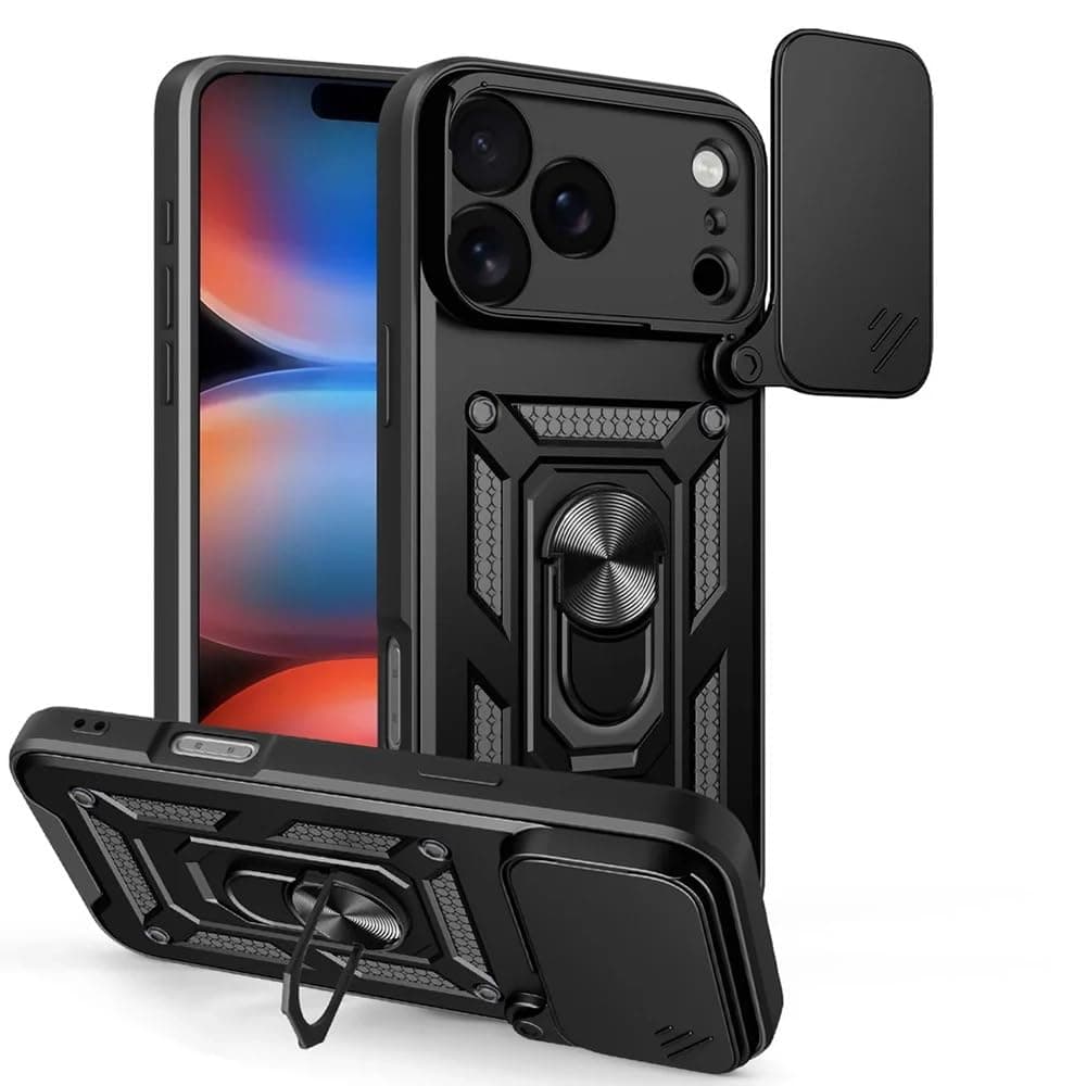 Хибриден удароустойчив кейс с пръстен против изпускане за iPhone 17 Pro - Techsuit CamShield Case (черен)