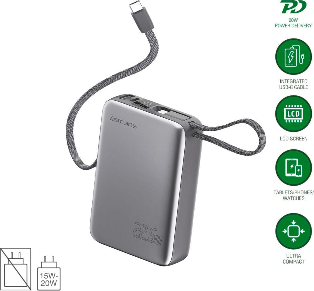 Външна батерия с вградени USB-C кабели, USB-A и USB-C портове - 4smarts Pocket Dual Cord 20000mAh 22.5W (тъмносив)
