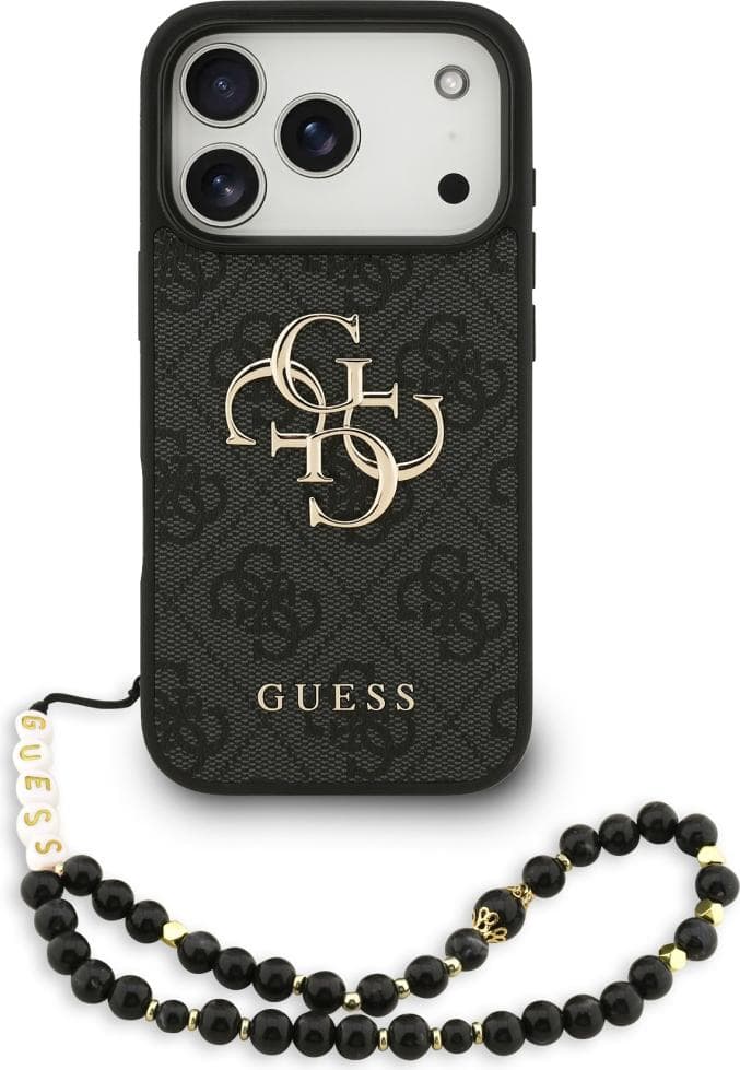 Дизайнерски кожен кейс с връзка за ръка за iPhone 17 Pro - Guess PU 4G Metal Logo Strap Case (черен)