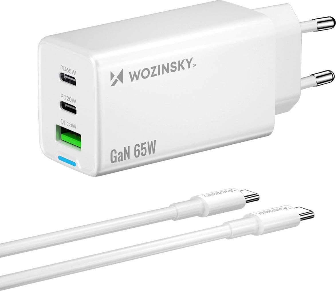 Захранване за ел. мрежа за мобилни устройства с USB-A и 2xUSB-C изходи с технология за бързо зареждане - Wozinsky GaN Fast Wall Charger 65W (бял)