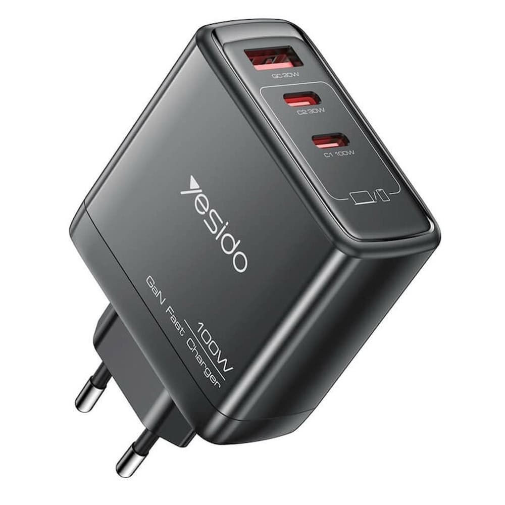 Захранване за ел. мрежа за лаптопи, смартфони и таблети с 2xUSB-C и 1xUSB-A изходи - Yesido YC142 GaN Fast Wall Charger 100W (черен)