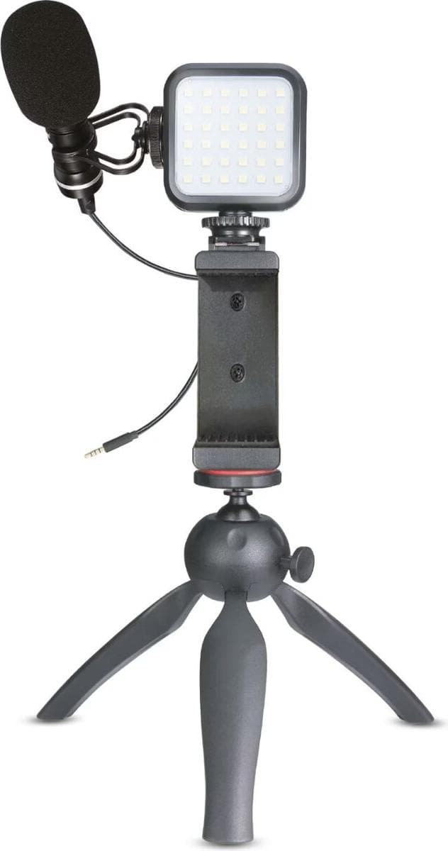 Комплект LED лампа с трипод, микрофон и държач за смартфони - XQISIT 4-in-1 Social Media Recording Kit (черен)