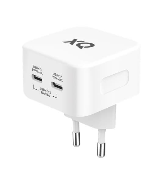 Захранване за ел. мрежа с 2xUSB-C изходи и технология за бързо зареждане - Freenet GAN Duos Wall Charger 35W PD (бял)