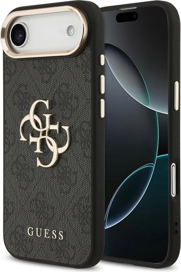 Дизайнерски кожен кейс за iPhone 17 Air - Guess PU Leather 4G Metal Logo Gold Frame Case (черен)