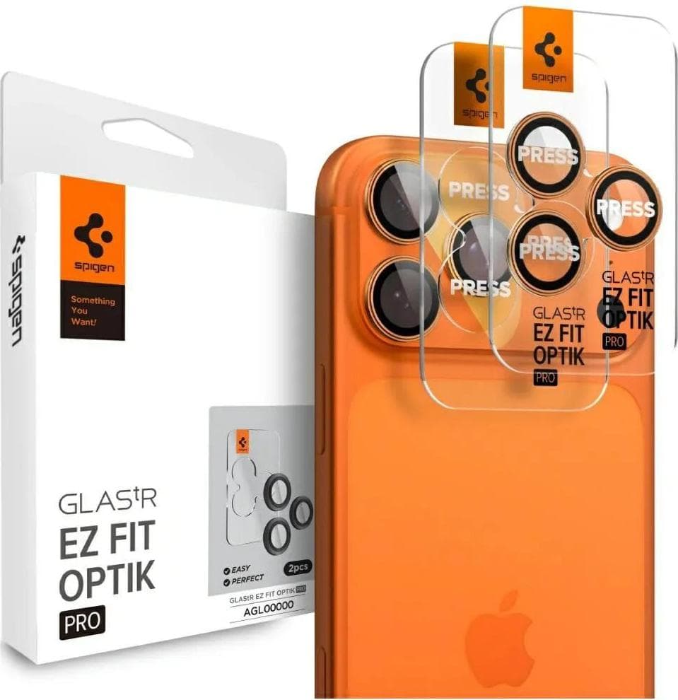 2 комплекта предпазни стъклени лещи за камерата на iPhone 17 Pro, iPhone 17 Pro Max, iPhone 16 Pro, iPhone 16 Pro Max, iPhone 15 Pro, iPhone 15 Pro Max, iPhone 14 Pro, iPhone 14 Pro Max - Spigen Glass tR EZ Fit Optik Pro Lens Protector 2 Pack (оранжев)