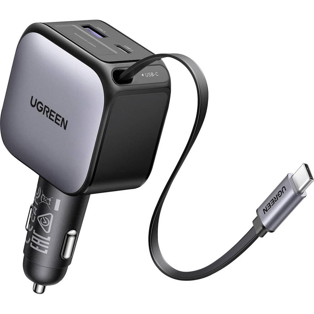 Зарядно за кола с вграден USB-C кабел и USB-A и USB-C изходи - Ugreen EC602 3 in 1 Fast Car Charger With USB-C Cable 60W (черен)