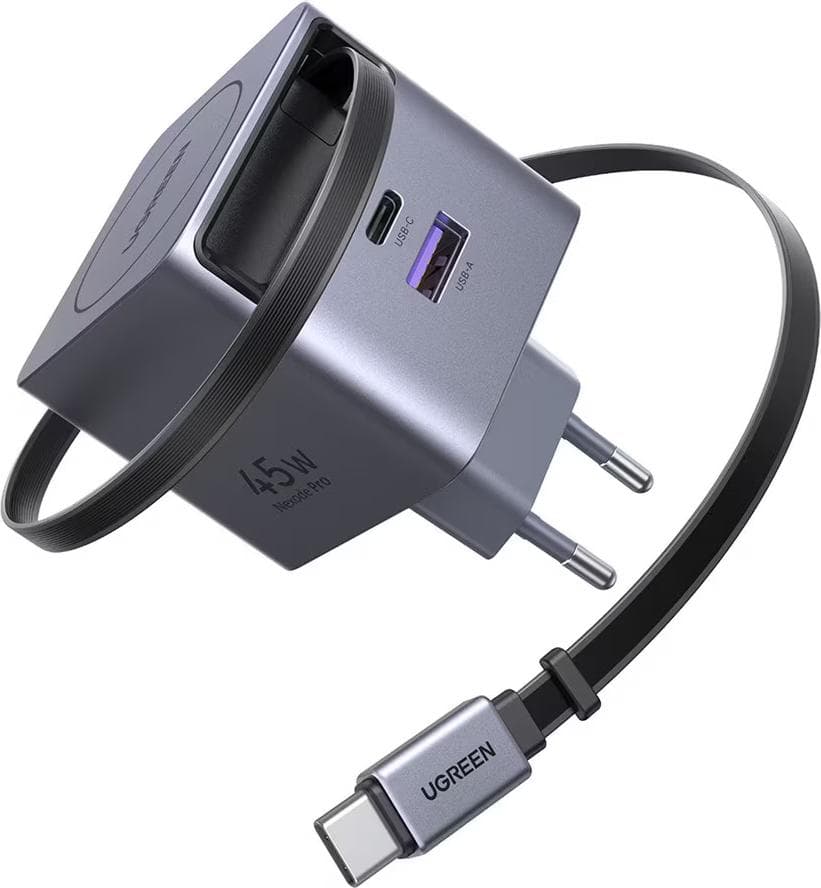 Захранване за ел. мрежа с вграден USB-C кабел и USB-A и USB-C изходи с технология за бързо зареждане - Ugreen X614 Nexode Pro Fast Wall Charger GaN 45W (тъмносив)