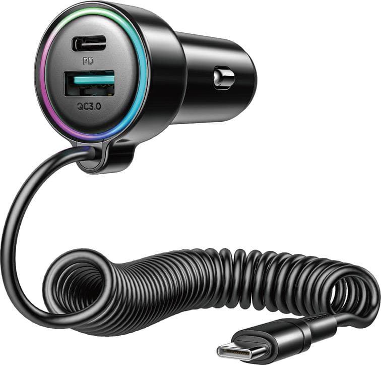 Зарядно за кола с вграден USB-C кабел и USB-A и USB-C изходи - Joyroom 3 in 1 Fast Car Charger With USB-C Cable 72W (черен)