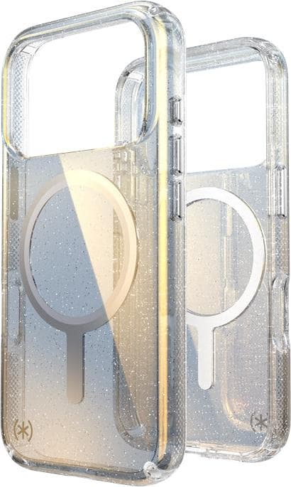Удароустойчив хибриден кейс с Magsafe за iPhone 17 Pro - Speck Presidio Lux Hyper Mirror Glitter MagSafe Case (прозрачен-сребрист)