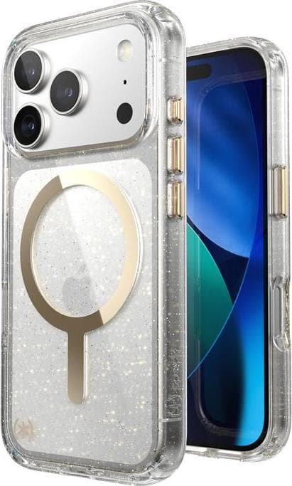 Удароустойчив хибриден кейс с Magsafe за iPhone 17 Pro - Speck Presidio Lux Glitter MagSafe Case (прозрачен-златист)