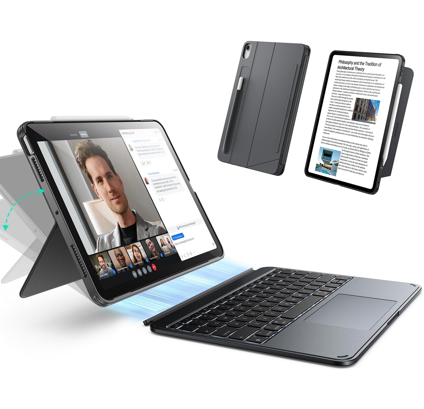 Полиуретанов калъф с отделяща клавиатура и поставка за iPad Air 13 (2025), iPad Air 13 (2024) - ESR Shift Magnetic Hybrid Keyboard Case (тъмносив)
