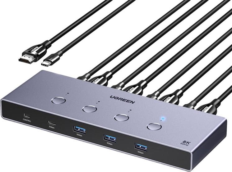 4-портов HDMI превключвател за компютри и монитори с 3 USB-A и 5 USB-C порта - Ugreen AK701 KVM 4-Port HDMI 8K 60Hz Switch Box (черен)