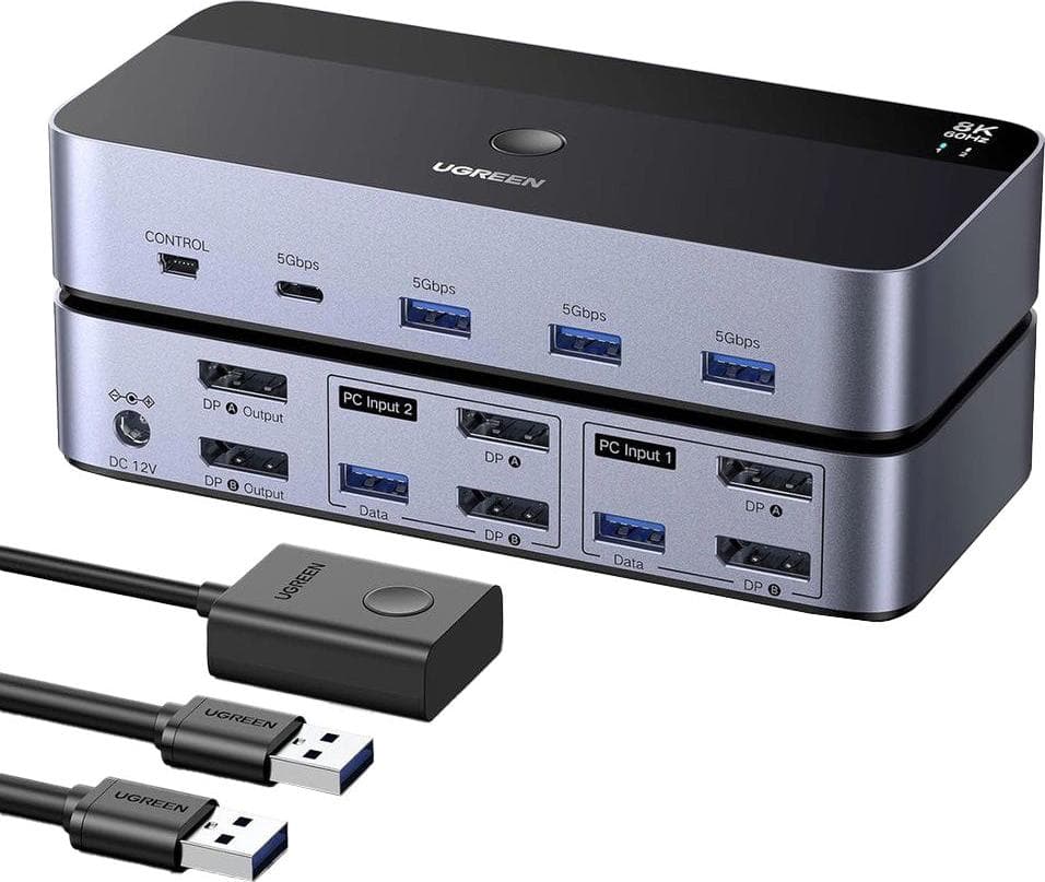2-портов DisplayPort превключвател за компютри и монитори - Ugreen AK700 KVM 2-Port DisplayPort 8K 60Hz Switch Box (тъмносив)