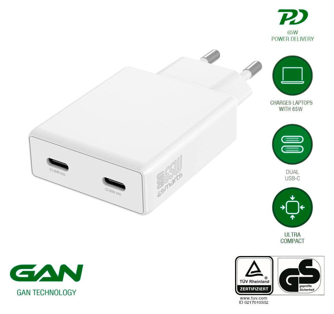 Захранване за ел. мрежа за мобилни устройства с 2xUSB-C изходи и с технология за бързо зареждане - 4smarts GaN PDPlug Slim Duos 2C Wall Charger 65W (бял)