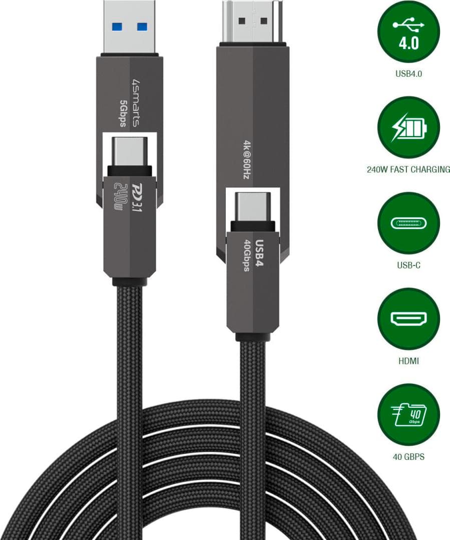 Качествен USB-C към USB-C кабел и USB-C към USB-C адаптер - 4smarts ComboCord USB4 HDMI USB-C to USB-C Adapter Cable 240W (черен) (150 см)