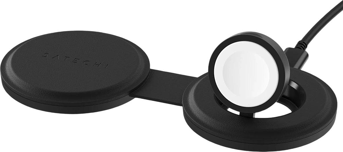 Двойна поставка (пад) за безжично зареждане за iPhone с Magsafe и Apple Watch - Satechi OntheGo 2-in-1 Qi2 Magnetic Wireless Charging Pad 15W (черен)