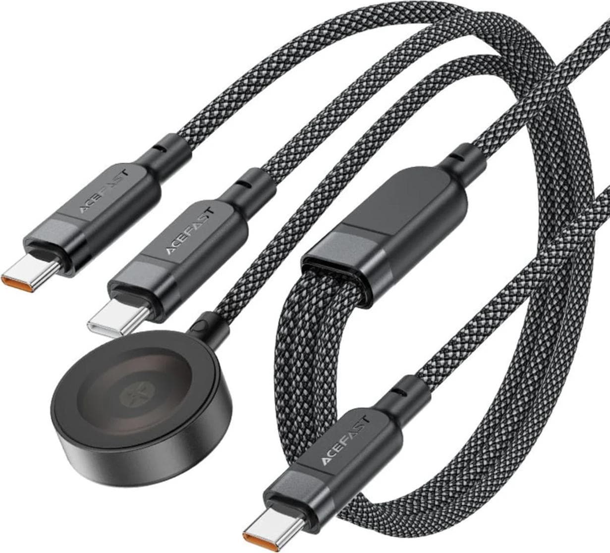 Acefast 3-in-1 USB-C and Apple Watch Cable 100W - USB-C кабел с 2xUSB-C конектора и конектор за зареждане на Apple Watch (120 см) (черен)