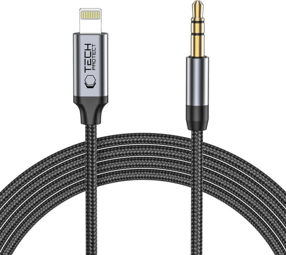 Качествен аудио кабел от Lightning към 3.5 мм. аудио жак (100см) - Tech-Protect Ultraboost Audio Cable With Lightning Connector (черен)
