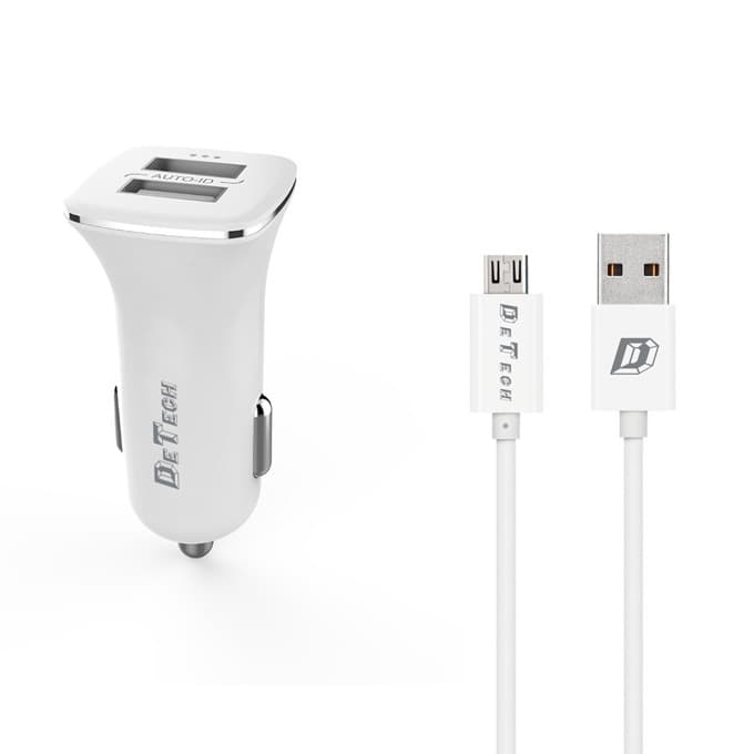 Зарядно устройство DeTech DE-C01M, от автомобилна запалка към 2x USB А(ж), 5V/2.4A, бял, с MicroUSB кабел