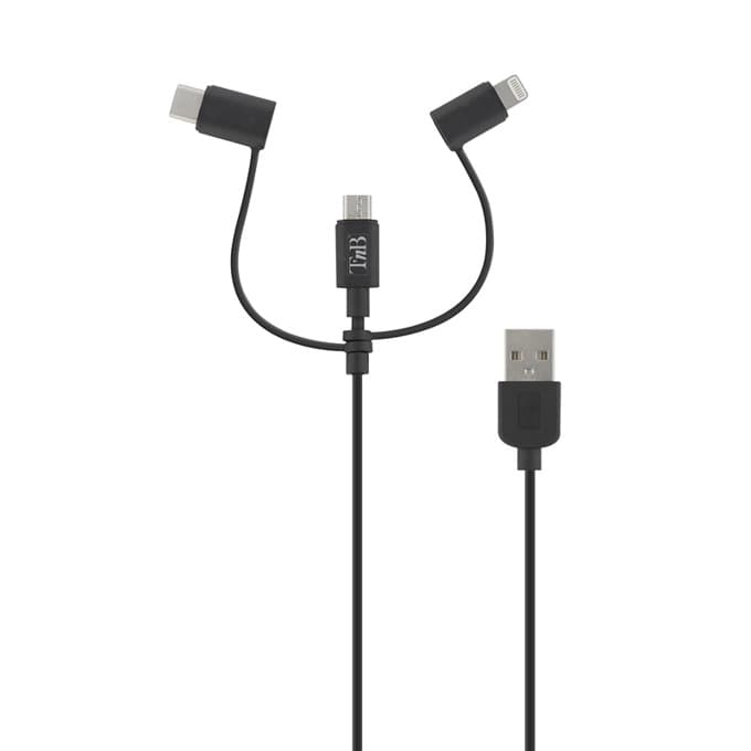 Кабел TnB, от USB Type A(м) към micro USB/Lightning/USB Type C(м), 1.5m, черен