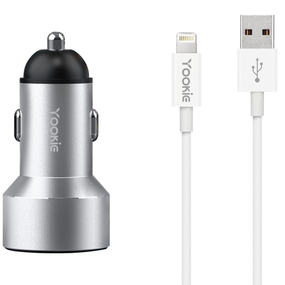Зарядно устройство за кола Yookie PC3, от автомобилна запалка към 2x USB(ж), 5V, 2.4A, Lightning кабел, различни цветове