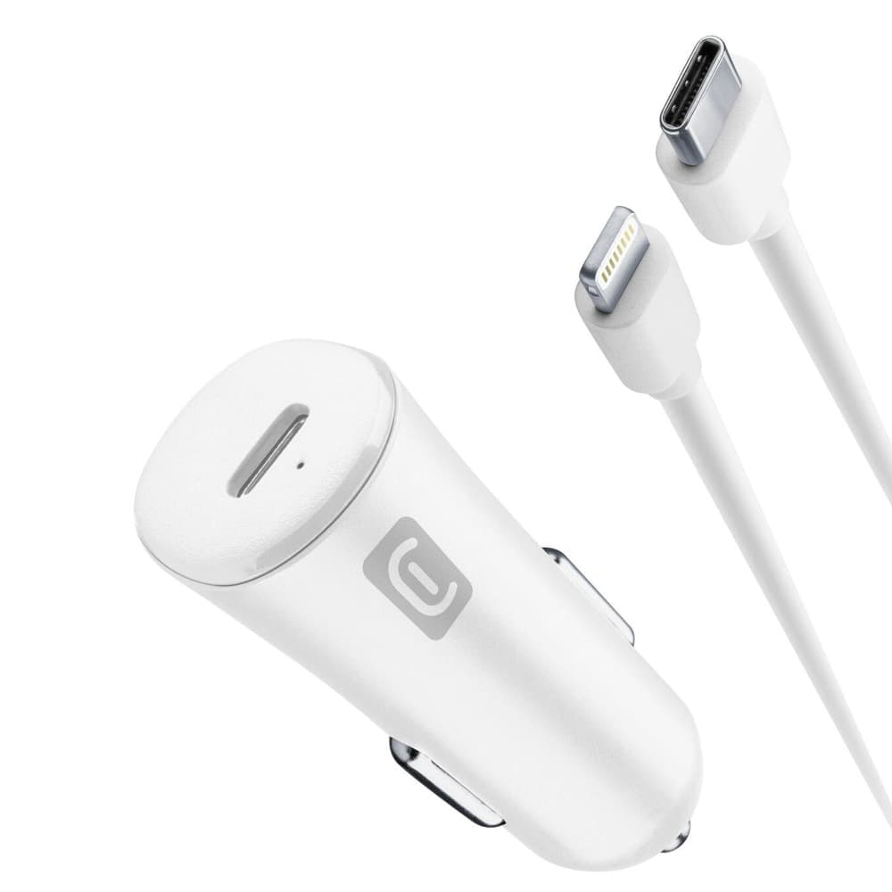 Зарядно за кола Cellularline, от автомобилна запалка към USB C(ж), с USB C(м) към Lightning(м) кабел, бяло