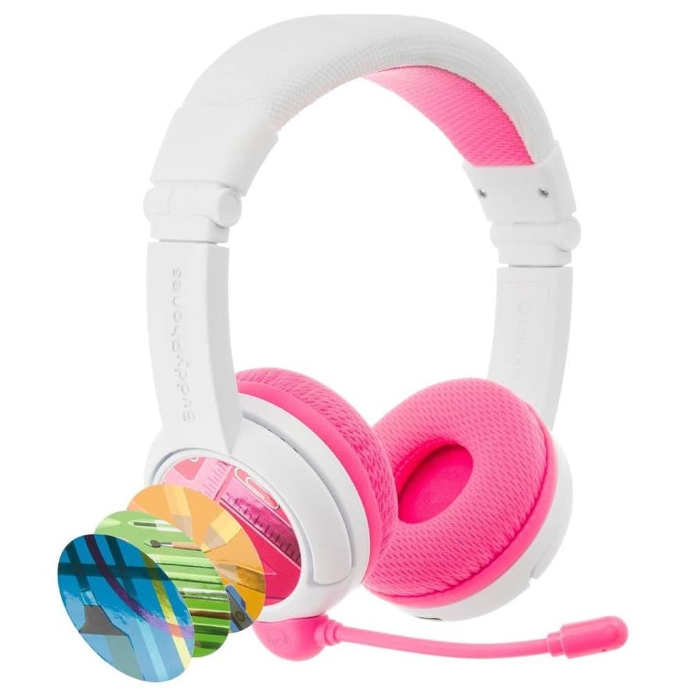 Слушалки BuddyPhones School+ (41243), детски, микрофон, AUX, конектор BuddyLink, 4бр. допълнителвни стикери, етикети за изписване на имена, розови