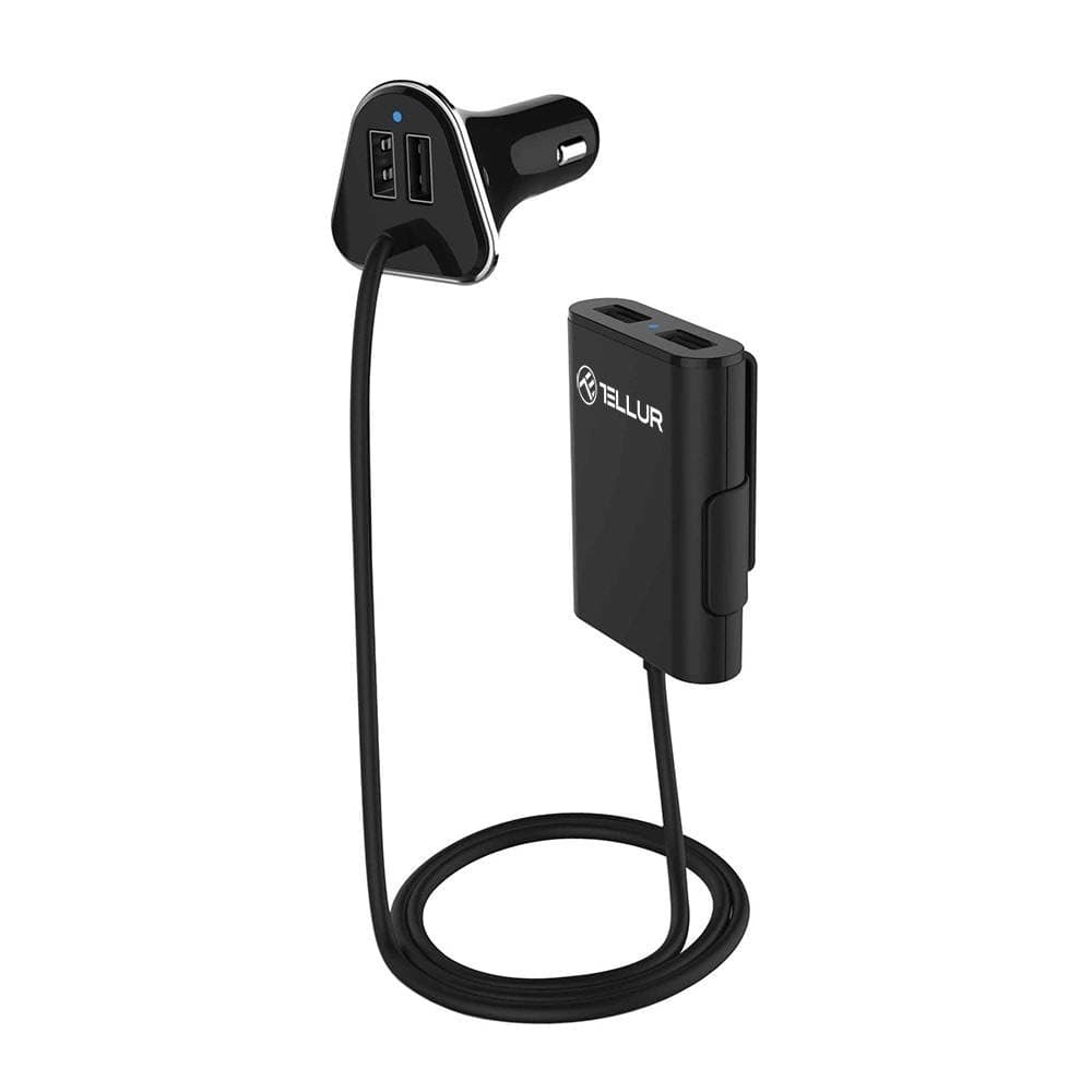 Зарядно за кола с удължител TELLUR(TLL151141) 4 USB, 10W, от автомобилна запалка към USB, 5V/2.4A, черен, Дължина на кабела 1,8м