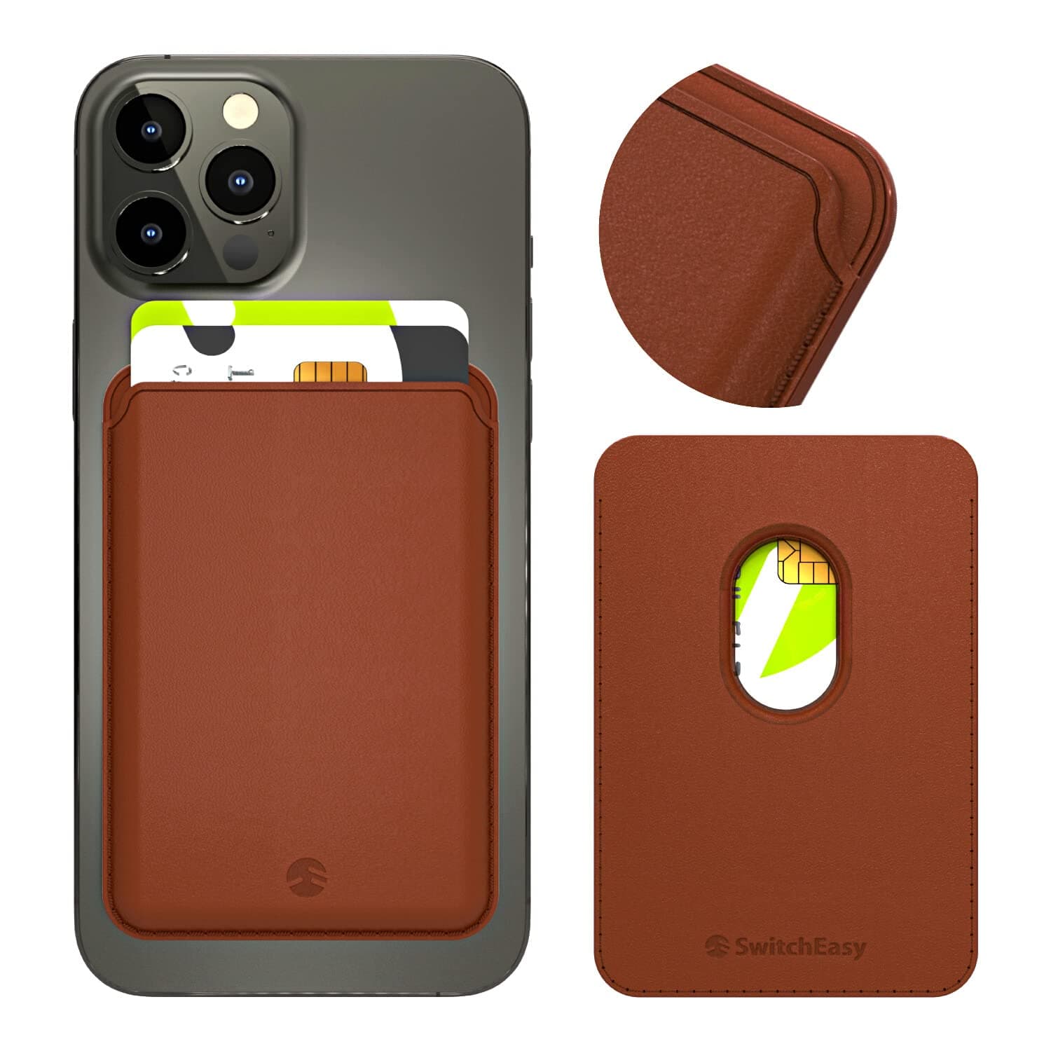Кожен портфейл (джоб) за прикрепяне към iPhone с MagSafe - SwitchEasy MagWallet Leather Card Holder with MagSafe (кафяв)
