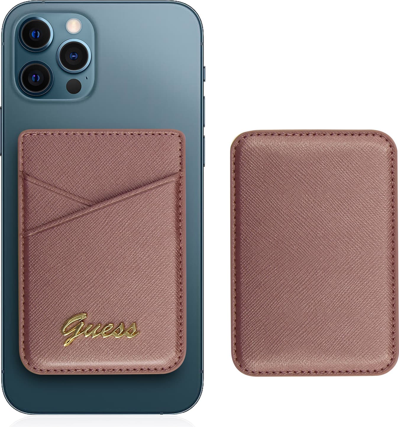 Кожен портфейл (джоб) за прикрепяне към iPhone с MagSafe - Guess Saffiano Magnetic Wallet (розов)