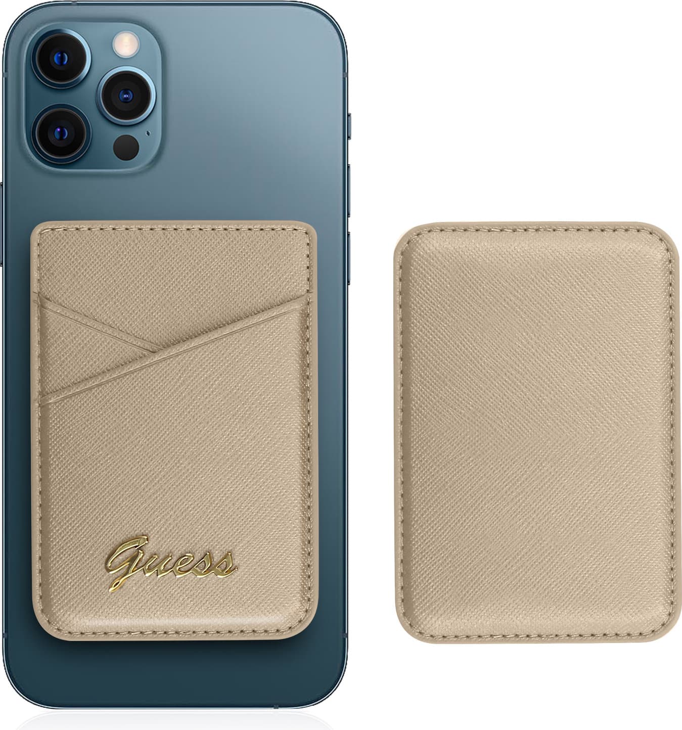Кожен портфейл (джоб) за прикрепяне към iPhone с MagSafe - Guess Saffiano Magnetic Wallet (златист)