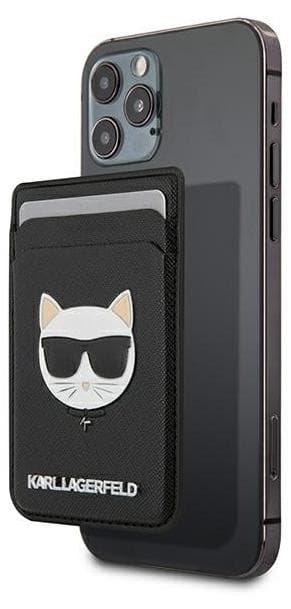 Кожен портфейл (джоб) за прикрепяне към iPhone с MagSafe - Karl Lagerfeld Saffiano Magnetic Wallet Choupette Head (черен)