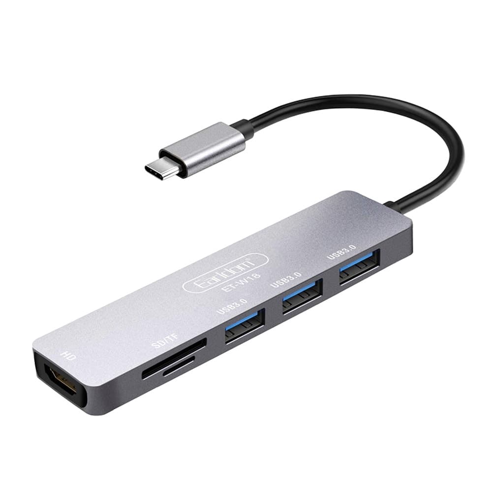 Докинг станция Earldom ET-W18, от USB C към 3x USB A, 1x HDMI, 1x SD/MicroSD четец на карти, сива