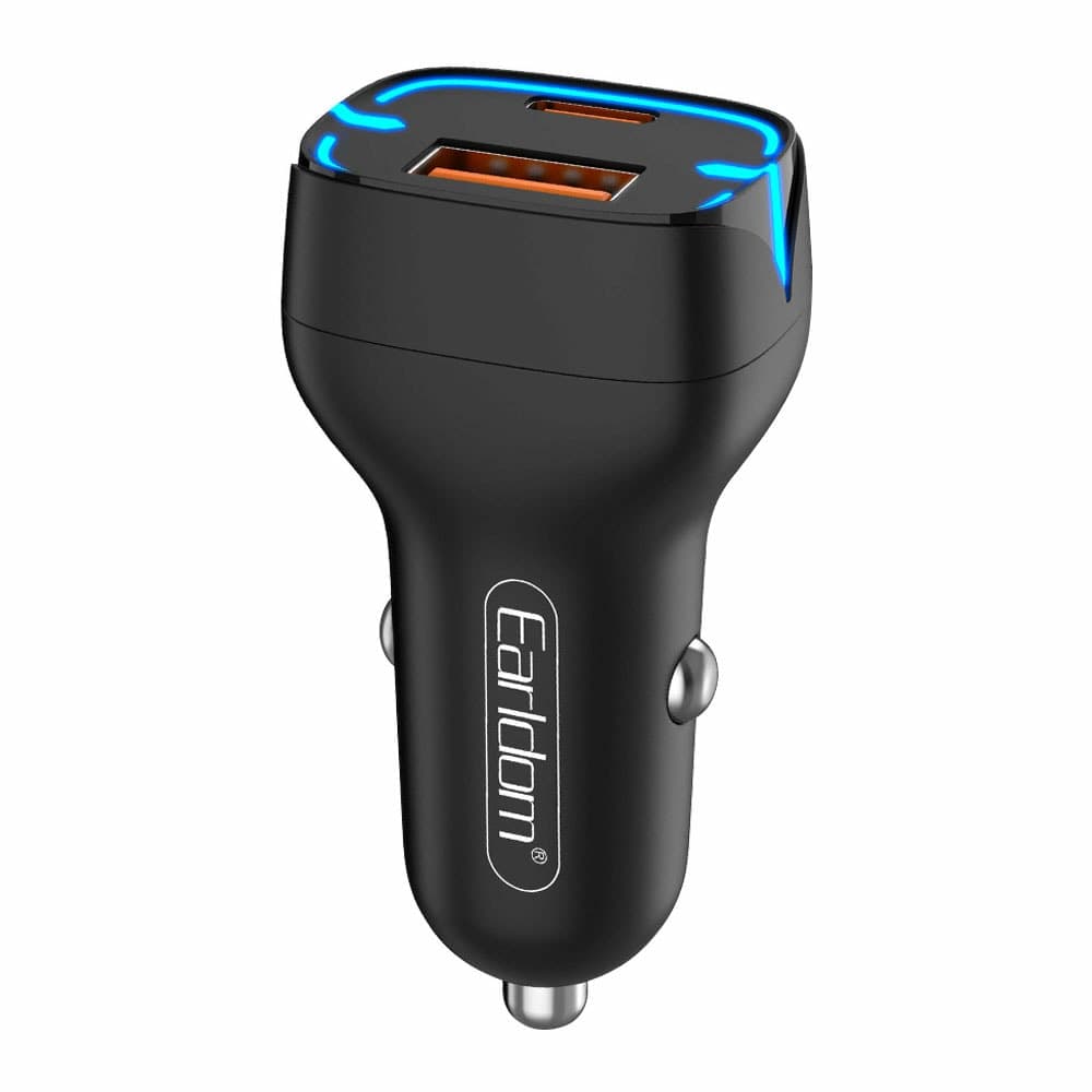 Зарядно устройство за кола Earldom ES-CC2 40246, от автомобилна запалка към 1x USB A(ж), 1x USB C(ж), 12V/1.5A, различни цветове