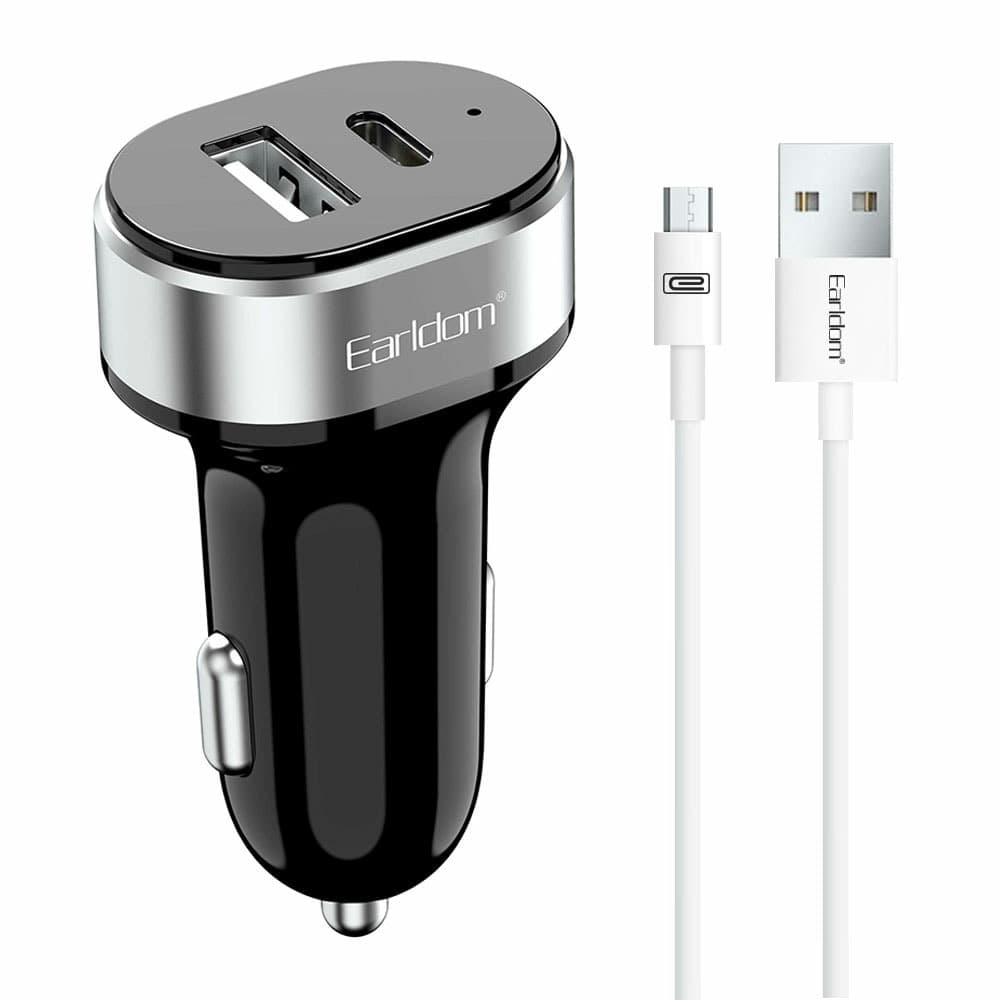 Зарядно устройство за кола Earldom ES-CC14 40241, от автомобилна запалка към 1x USB A(ж), 1x USB C(ж), 2.4A, черно, с включен кабел USB към USB-Micro, 1m, бял