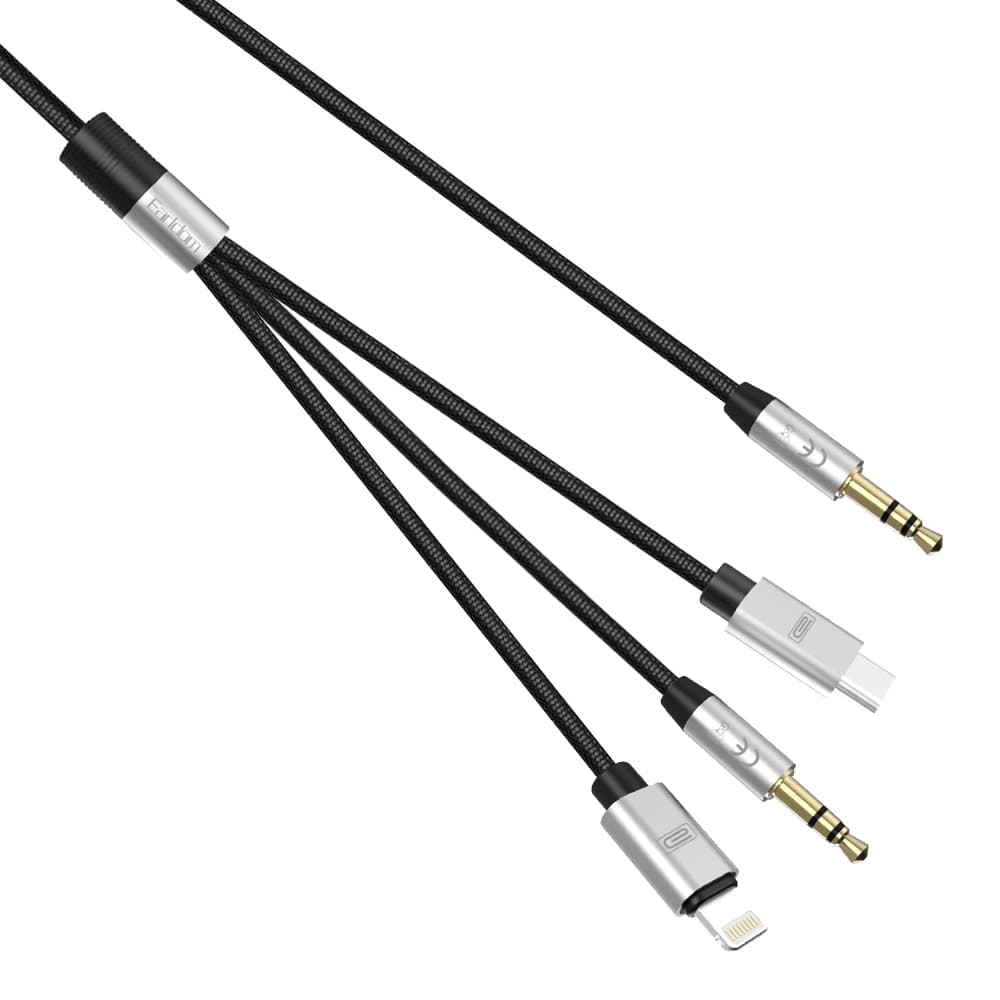 Аудио кабел Earldom ET-AUX09, от 1x AUX(м) към 1x Lightning(м)/USB-C(м)/AUX(м), 1.2m, черен