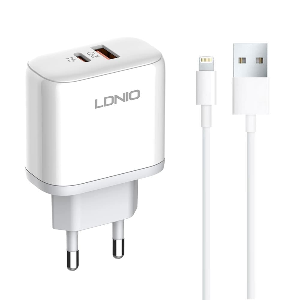 Зарядно устройство LDNIO A2526C, от контакт към 1x USB Type-C (ж), Type-А (ж), 5V/4.5A, бял, кабел от USB Type-A (м) към Lightning (м)