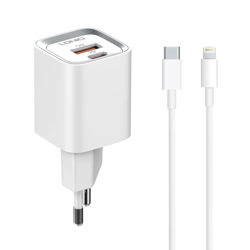 Зарядно устройство LDNIO A2318M, от контакт към 1x USB Type-C (ж), Type-А (ж), 5V/3.0A, бял, кабел от USB Type-C (м) към Lightning (м), MFi сертификация