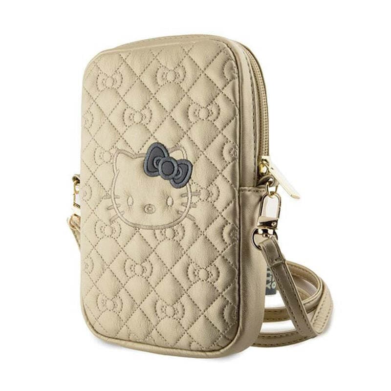 Дизайнерска чанта (органайзер) за мобилни устройства и аксесоари - Hello Kitty PU Quilted Pattern Kitty Head Logo Phone Zipper Bag (златист)
