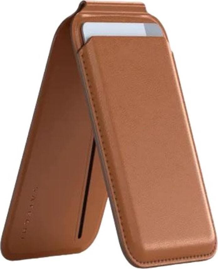 Кожен портфейл (джоб) с вградена поставка за прикрепяне към iPhone с MagSafe - Satechi Vegan-Leather Magnetic Wallet Stand (кафяв)